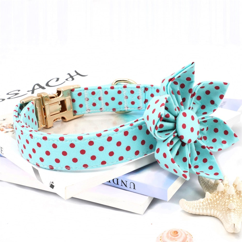 Classic Blue And Red Polka Dot: Personalized Flower Collar And Leash Set