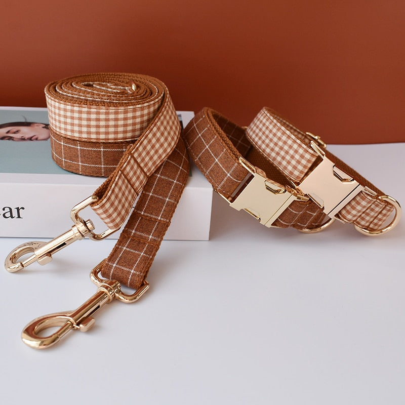 Brown And White Checks In Style:  Personalized Collar and Leash Set - CurliTail