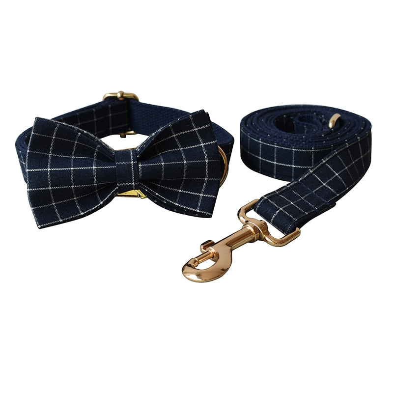 Trendy Navy Blue Checks: Personalized Collar And Leash set - CurliTail