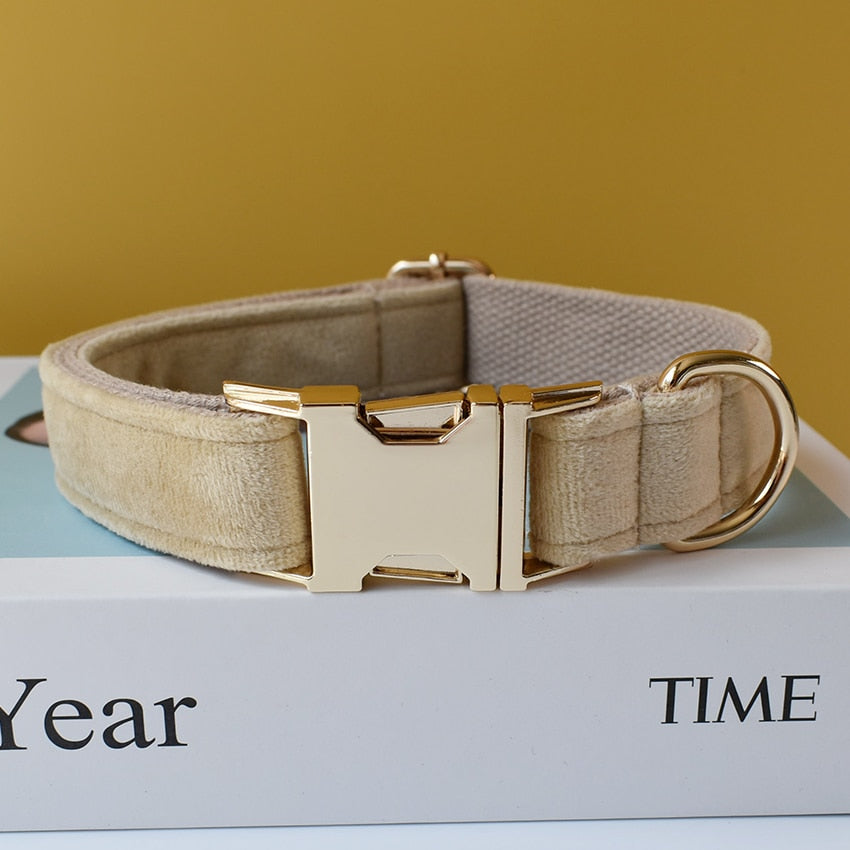 Khaki Velvet Shades: Personalized Bow Collar and Leash Set - CurliTail