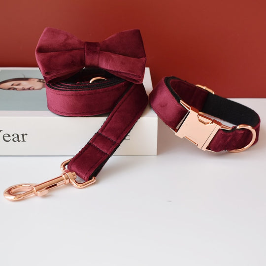 Solid Wine Personalized Bow Collar and Leash Set - CurliTail