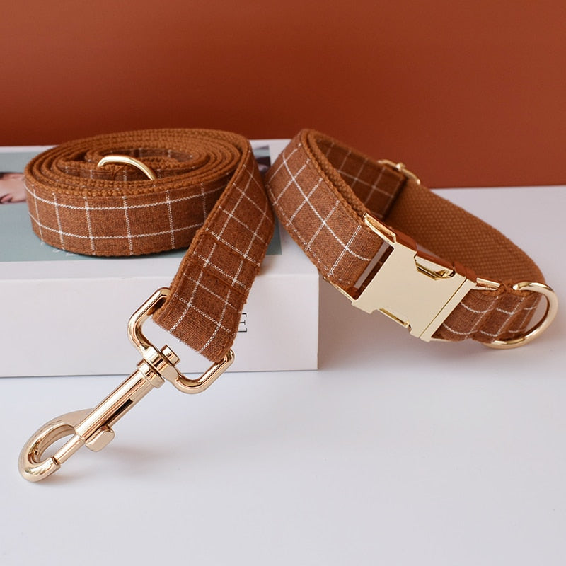 Brown And White Checks In Style:  Personalized Collar and Leash Set - CurliTail