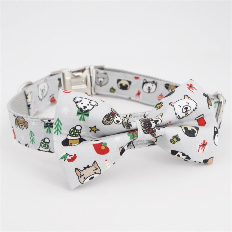 Winter Party:  Personalized Bow Collar With Silver Buckle - CurliTail