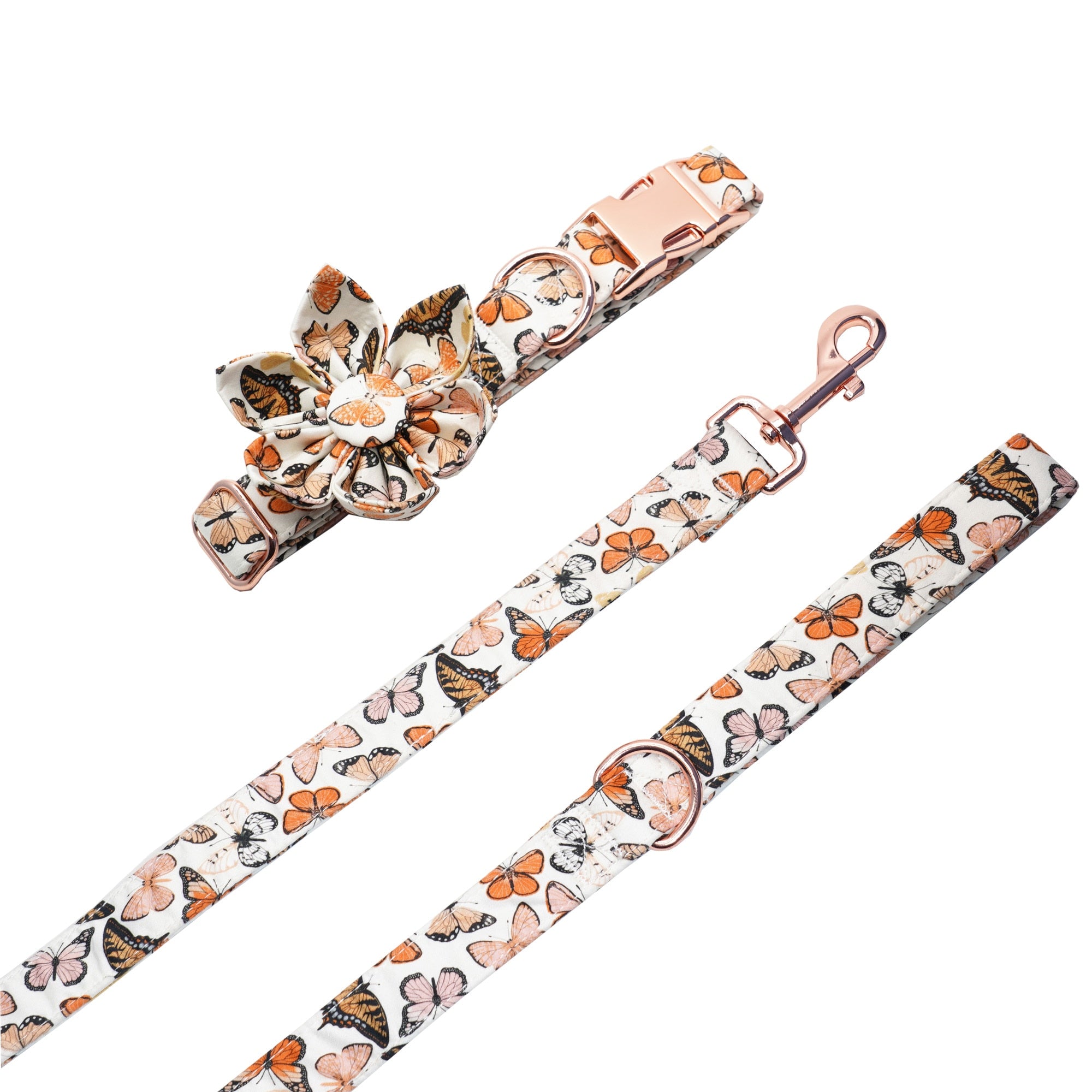 Breezy Butterflies Set: Personalized Flower Collar/Bow collar, Harness, Leash, Poopbag, And Bandana. - CurliTail