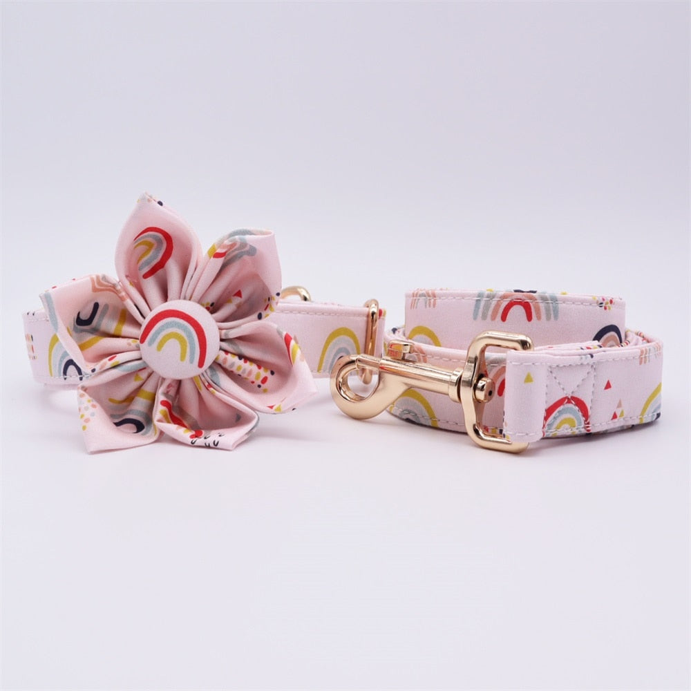 Rainbow Dot Flower Collar with Rose Gold Metal Buckle: Personalized ID Collar - CurliTail