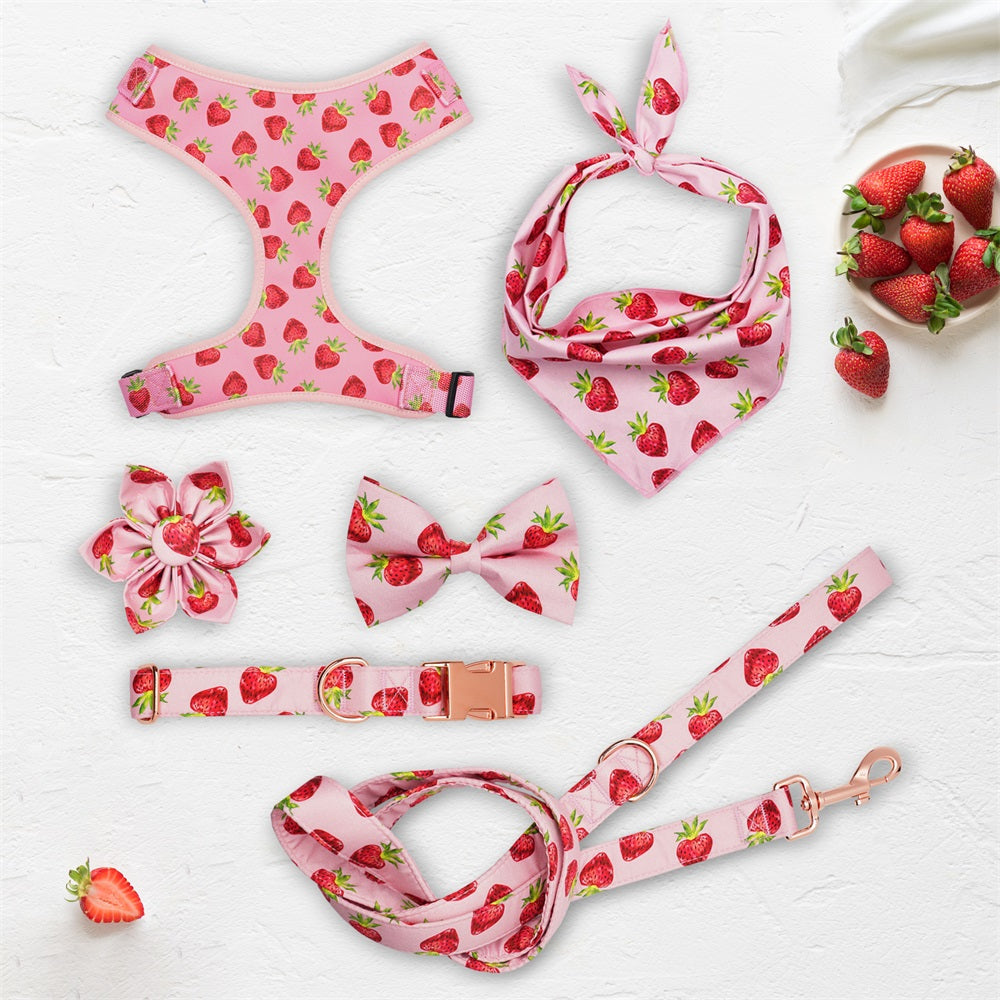 Rosy Strawberries Set: Personalized Collar, Leash, Harness and Bandana - CurliTail