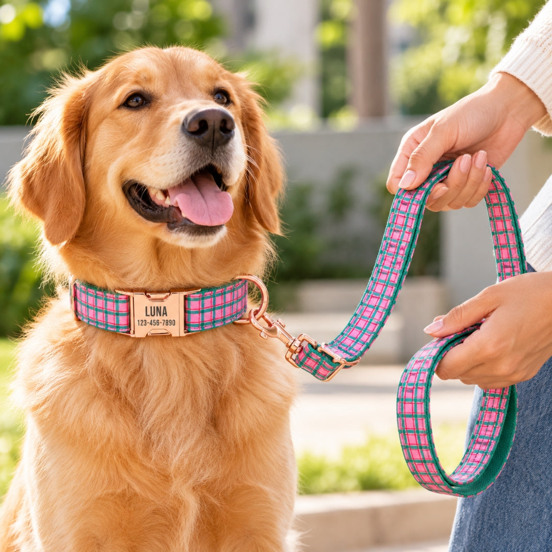 Personalized Dog ID & Leash Set | Elegant Pink Green Plaid Dog Collar