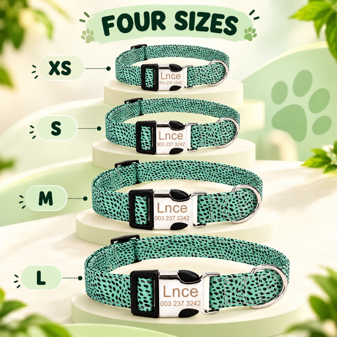 Customized Cheetah Dot Print Dog Collar Engraved ID Tag Nameplate for Small Medium Large Dogs | Personalized Dog Collar