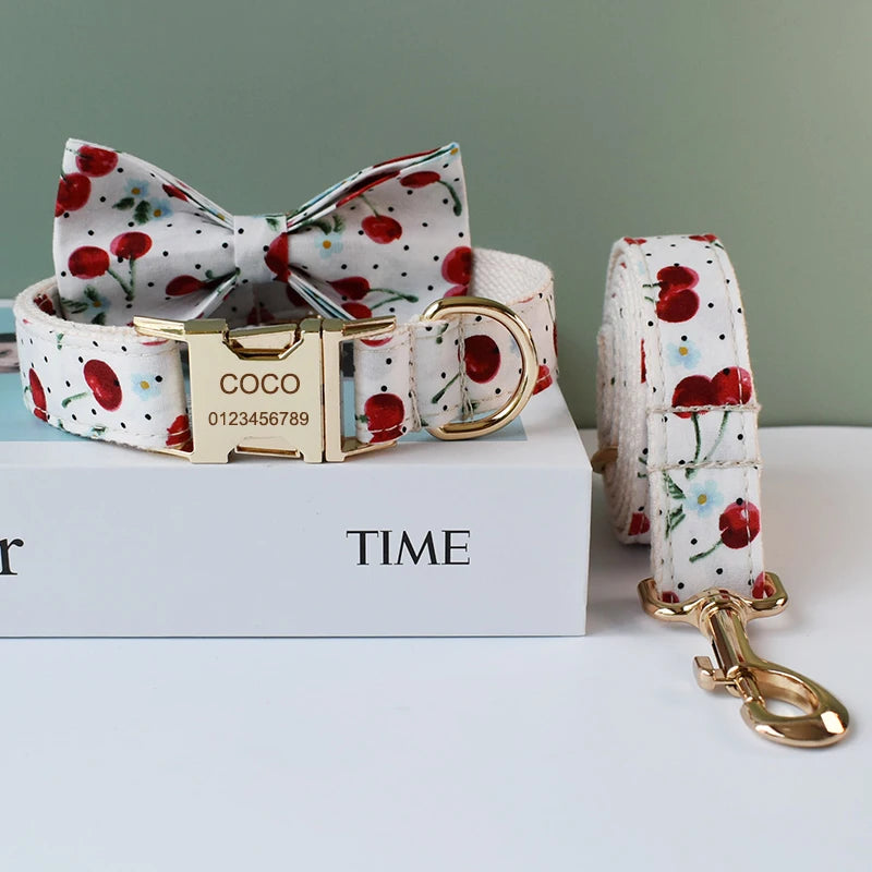 Cherry print : Personalized Dog Bow Collar and Leash Set