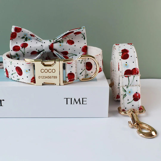 Cherry print : Personalized Dog Bow Collar and Leash Set