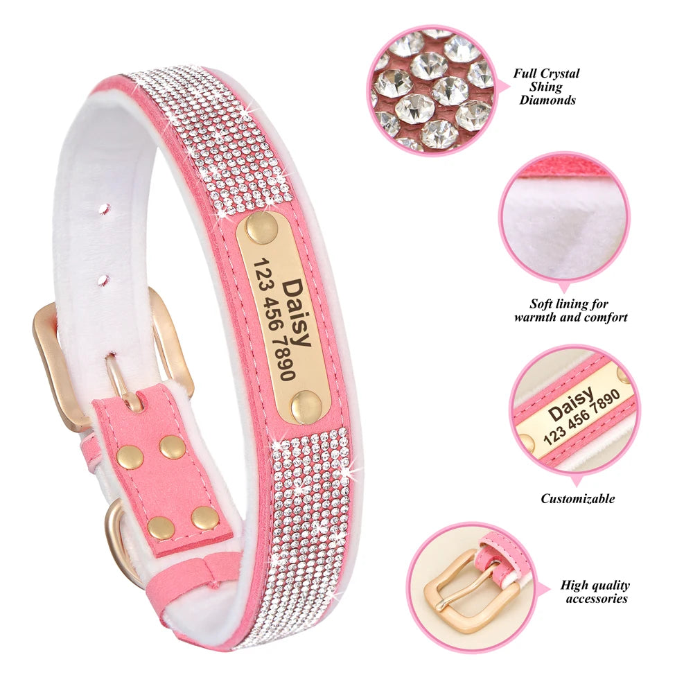 Custom Winter Personalized Rhinestone Dog Collar | Soft Padded Puppy Collar for Small Dogs Cats