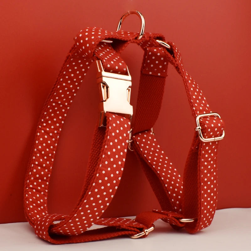 Red Fluttering Elegance: Personalized Collar, Harness and Leash Set