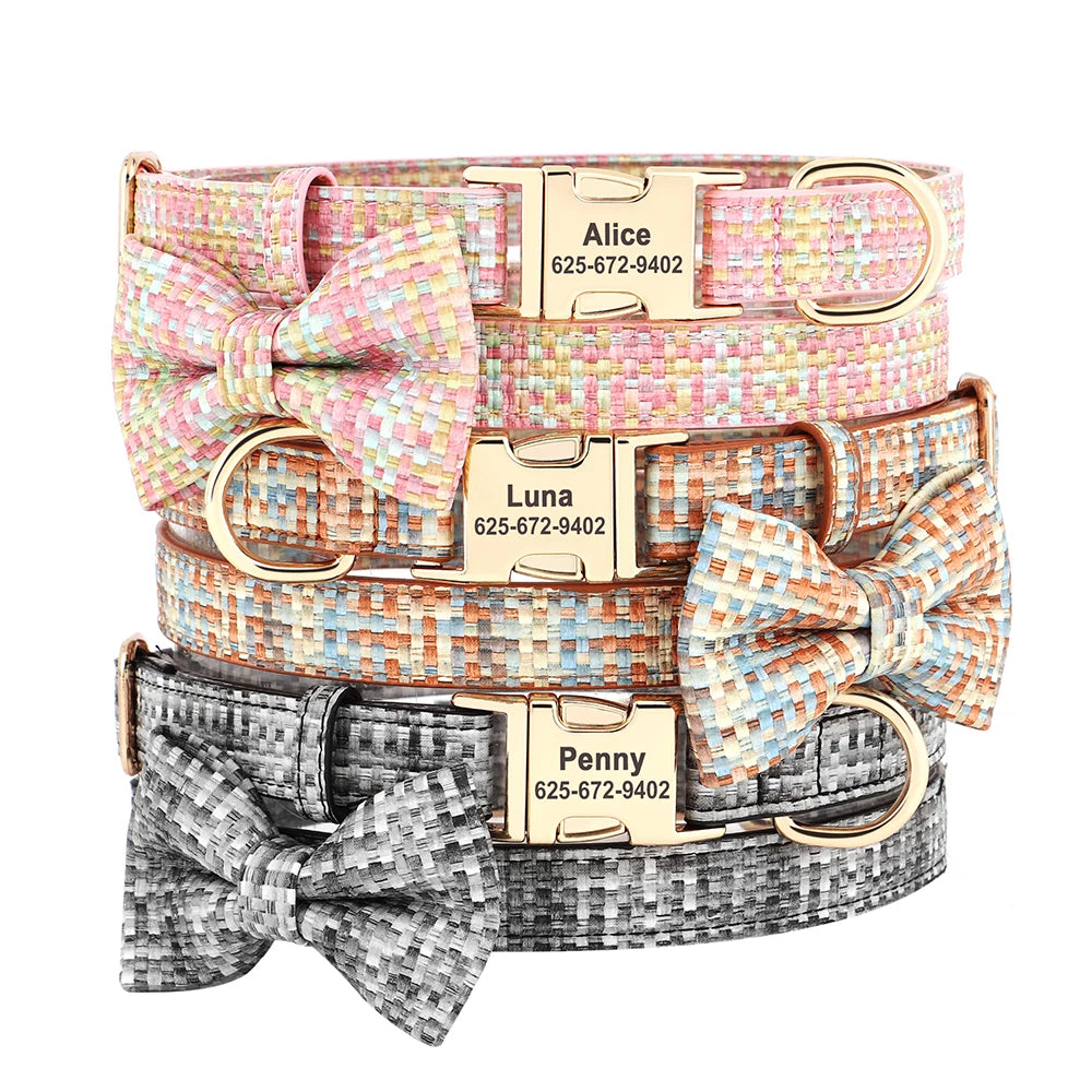 Fashionable Personalized Dog Collar with Bowtie | Custom Pet Name ID Dog Collars