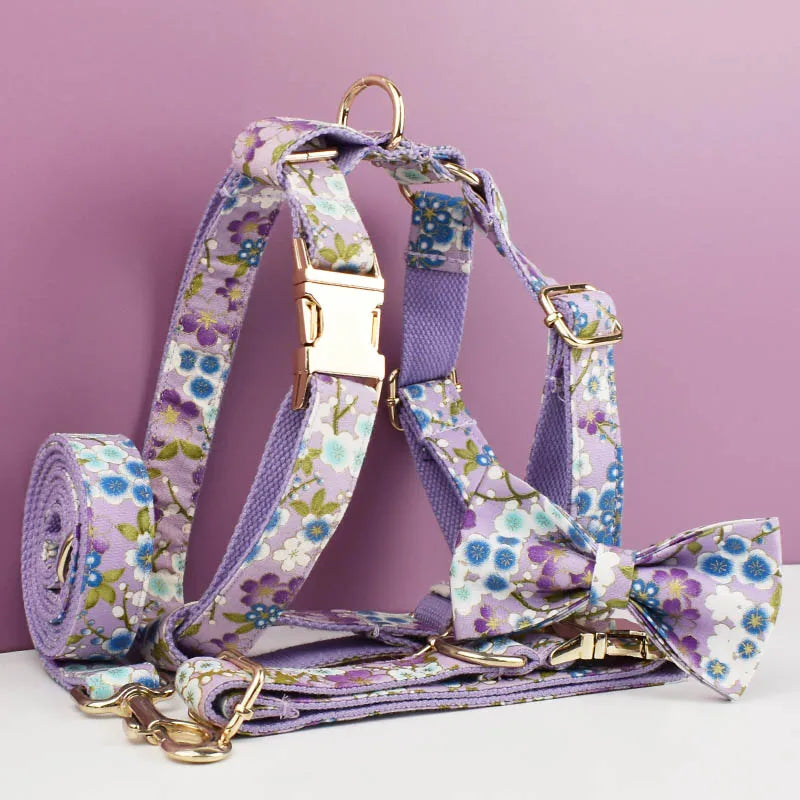 Lavender Florals: Bow Collar, Leash and Harness: Personalized