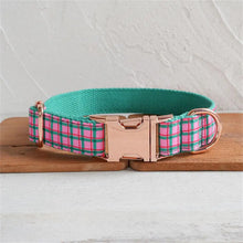 Personalized Dog ID & Leash Set | Elegant Pink Green Plaid Dog Collar