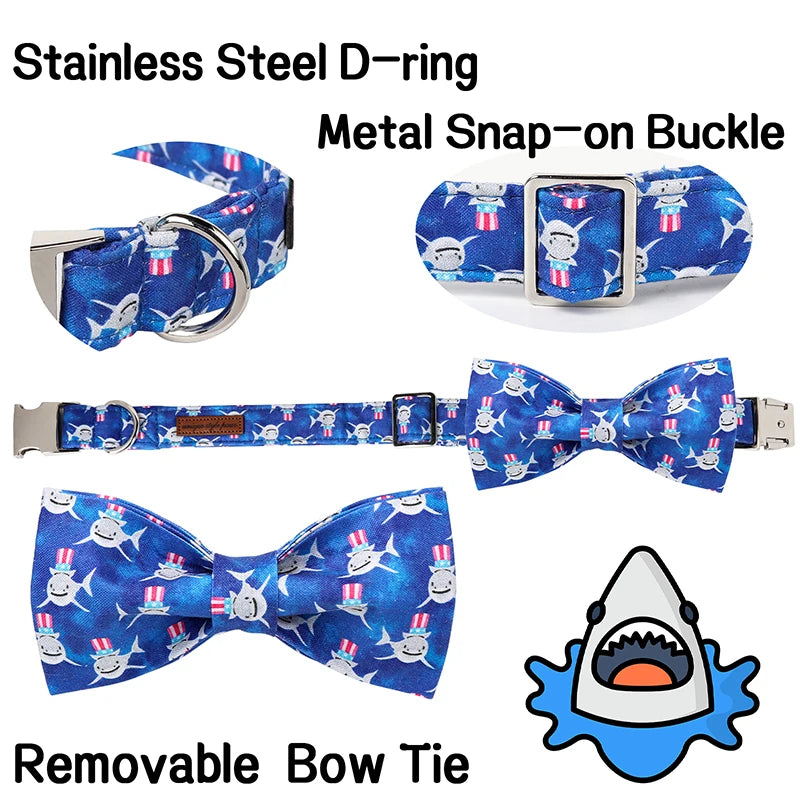 Blue Shark Print Personalized Dog Collar with Bowtie Butterfly Flower  for Summer | Unique and Adorable Pet Accessory