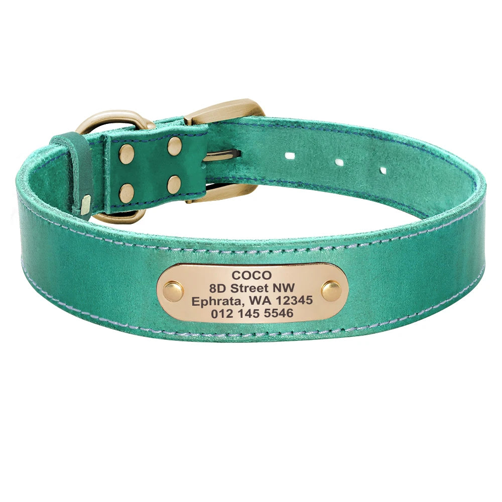 Custom Personalized Leather Dog Collar & Optional Leash with Nameplate For Small Medium Large Dogs