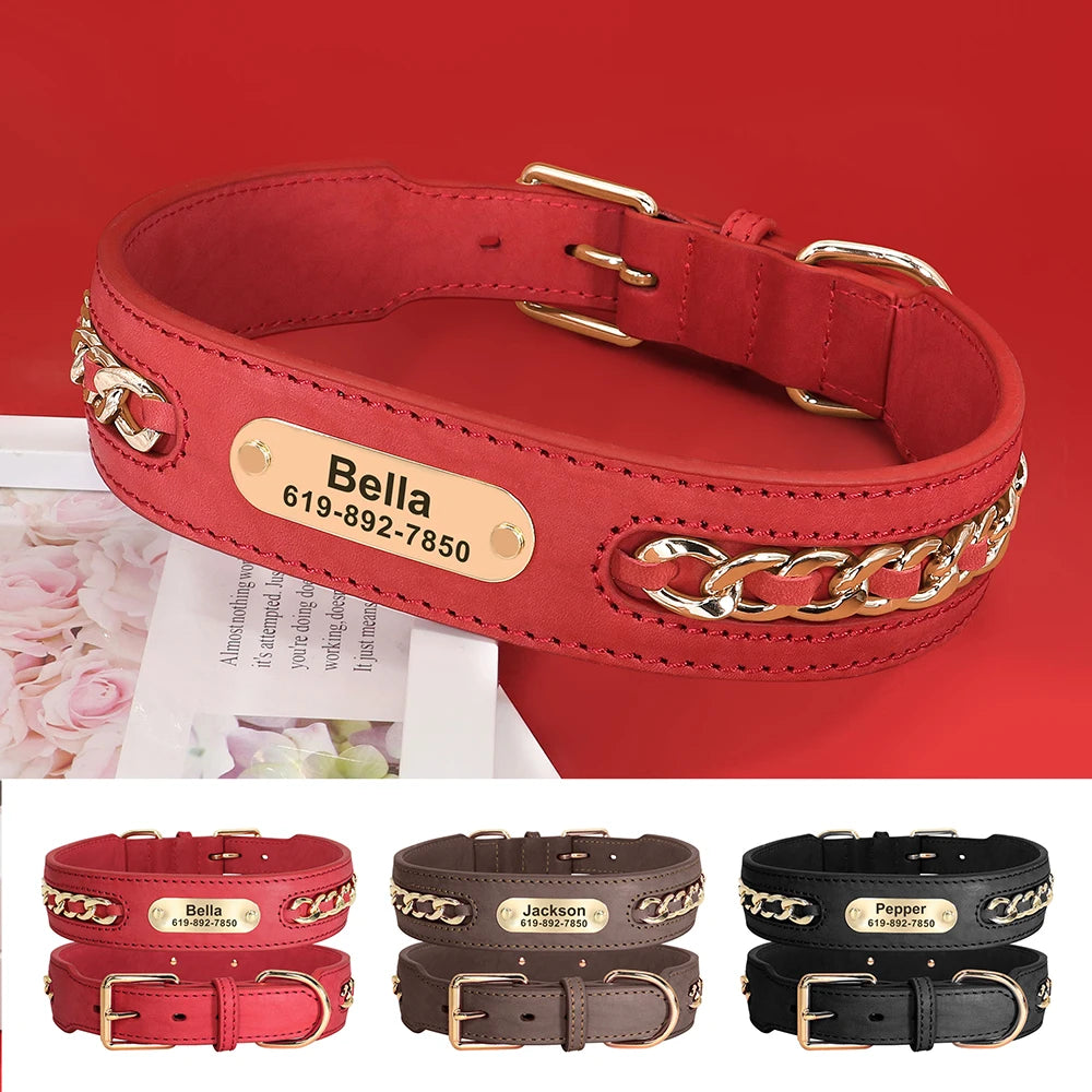 Personalized Durable Leather Dogs ID Collars | Anti-lost Name Tag Chain Accessories for Small Medium Large Dogs