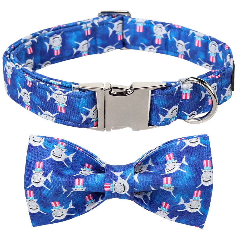 Blue Shark Print Personalized Dog Collar with Bowtie Butterfly Flower  for Summer | Unique and Adorable Pet Accessory