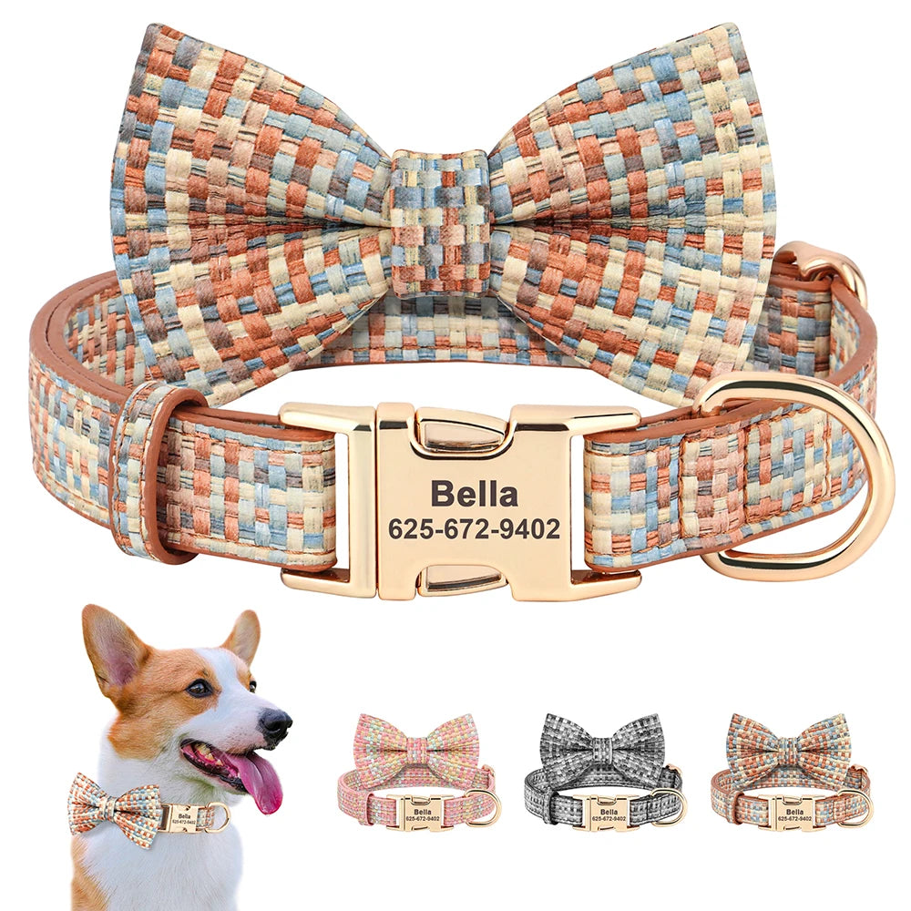 Fashionable Personalized Dog Collar with Bowtie | Custom Pet Name ID Dog Collars