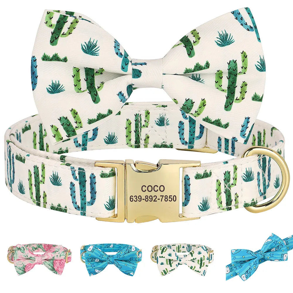 Paws and prickles: Cactus Print Personalized Laser Engraved Dog Bow Collar
