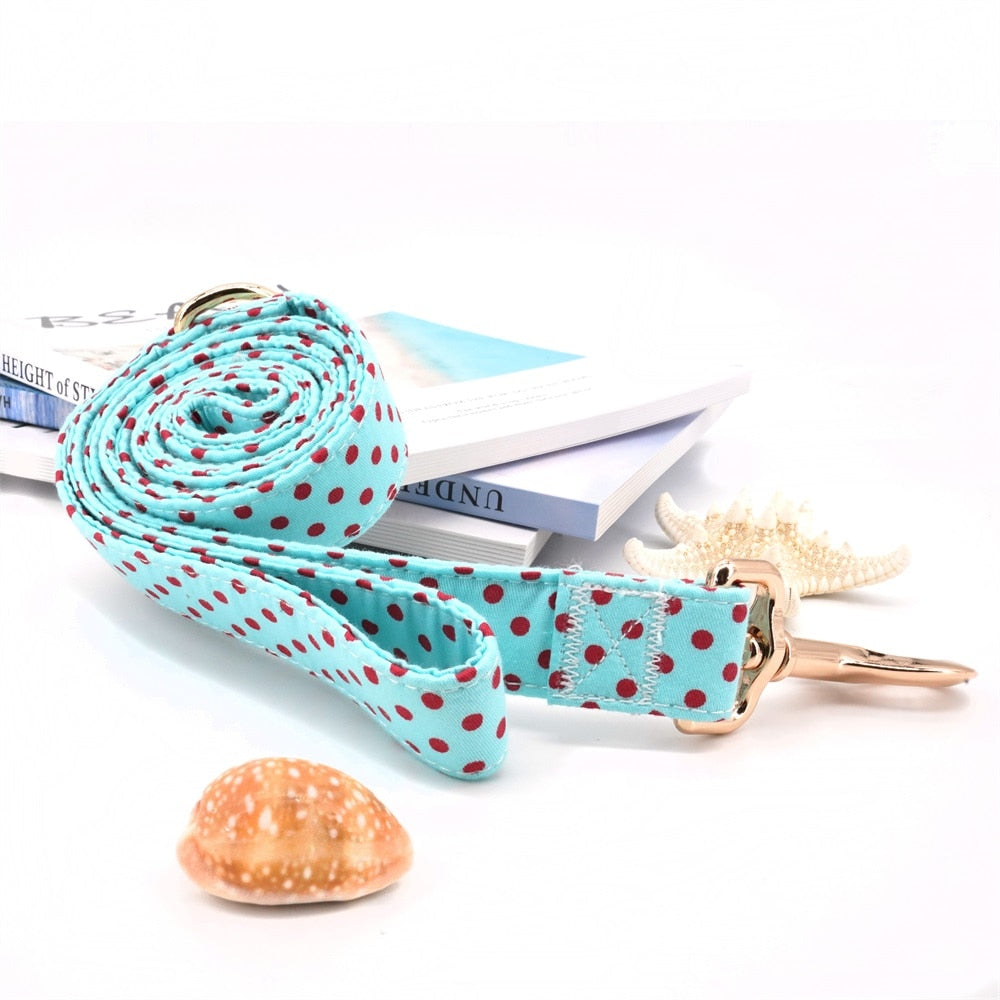 Classic Blue And Red Polka Dot: Personalized Flower Collar And Leash Set