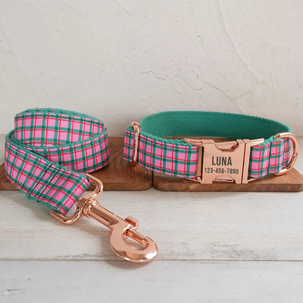 Elegant Pink Green Plaid Dog Collar | Personalized Dog ID & Leash Set