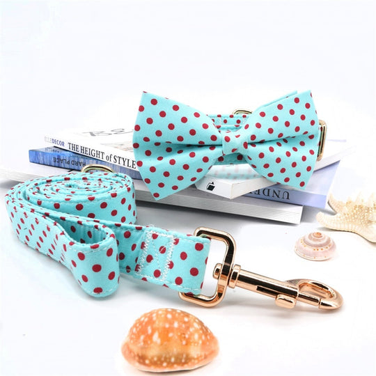 Classic Blue And Red Polka Dot: Personalized Bow Collar And Leash Set