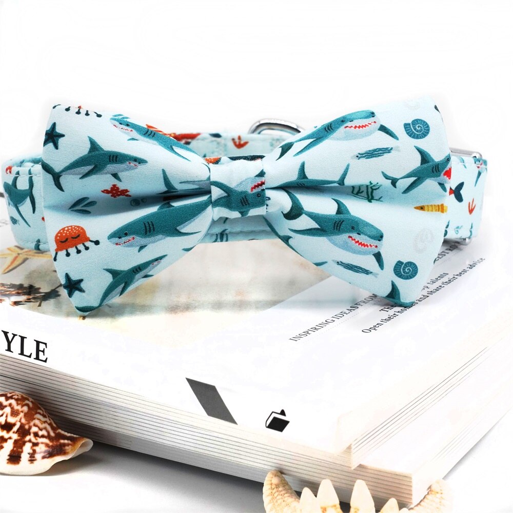 Summer Shark Dog Bowtie Collar,Pet Necklace with Matching Leash,Engraved Option