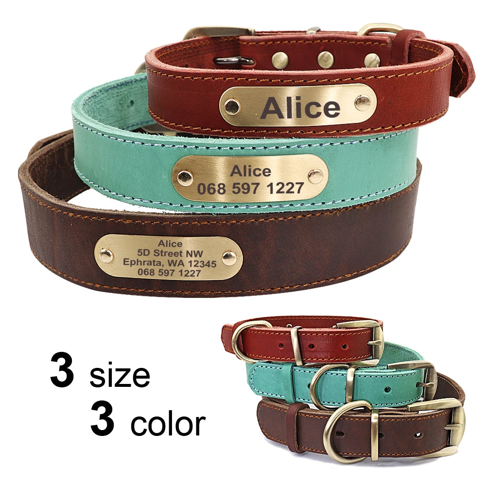 Custom Personalized Leather Dog Collar & Optional Leash with Nameplate For Small Medium Large Dogs