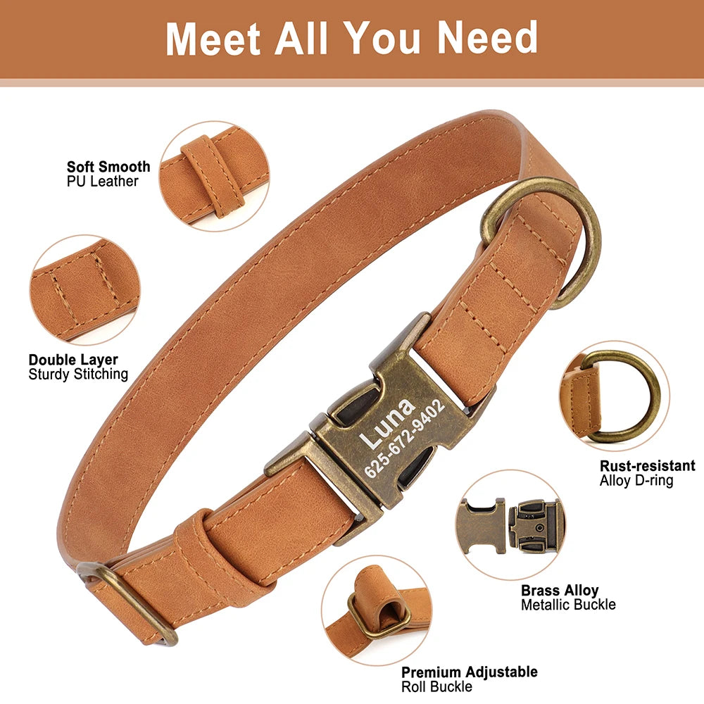 Personalized PU Leather Dog Collar – Custom Engraved Name ID, Adjustable Fit for All Dog Sizes