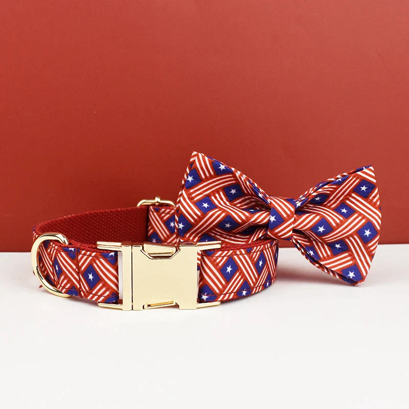 Red Plaid Stylish Personalized Bow Collar, Leash