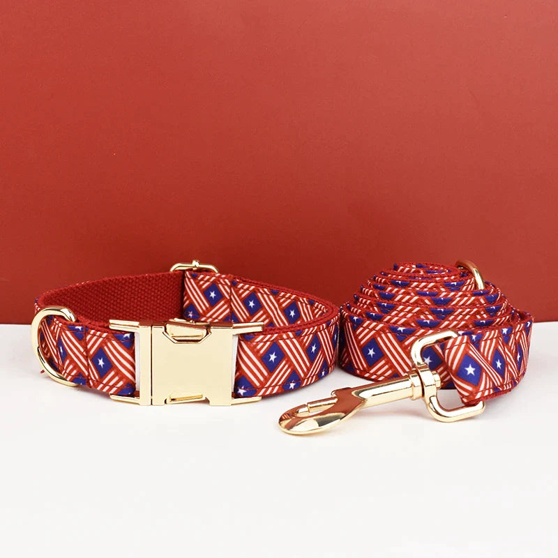 Red Plaid Stylish Personalized Bow Collar, Leash