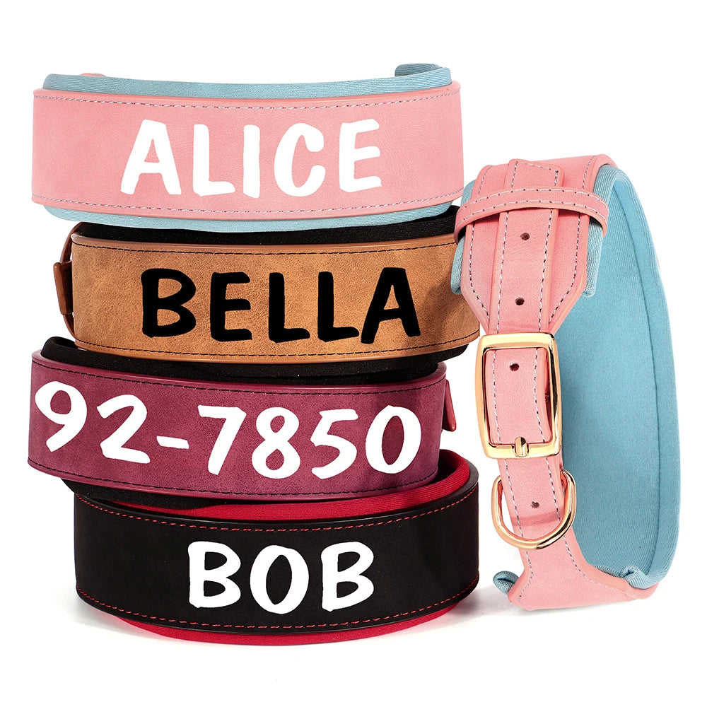 Personalized PU Leather Dog Collar | Wide Padded Pet ID Collars Free Print Dogs Name Collars for Small Medium Large Dogs