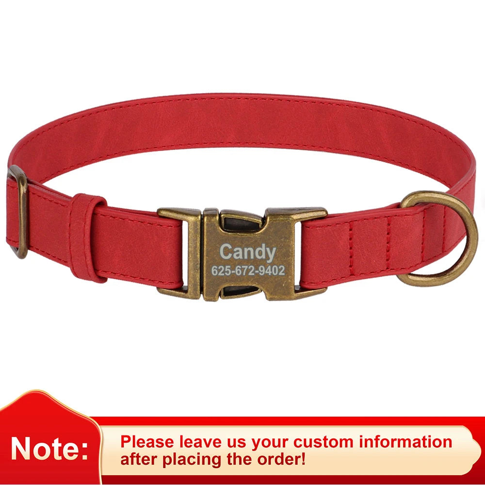 Personalized PU Leather Dog Collar – Custom Engraved Name ID, Adjustable Fit for All Dog Sizes