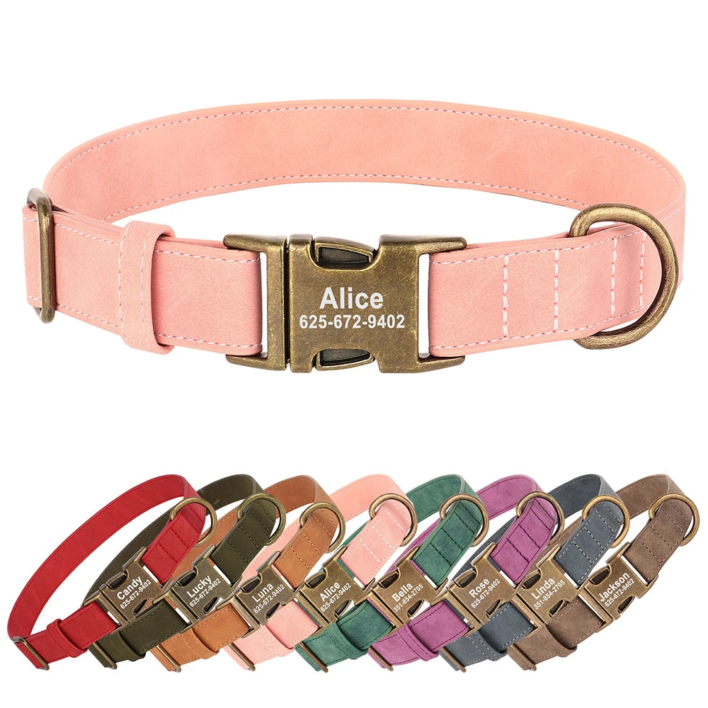 Personalized PU Leather Dog Collar – Custom Engraved Name ID, Adjustable Fit for All Dog Sizes