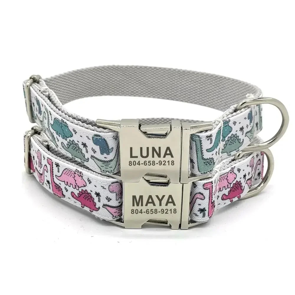 Personalized Dog Collar with Dinosaur Design | Custom Name Tag for Puppies & Dogs