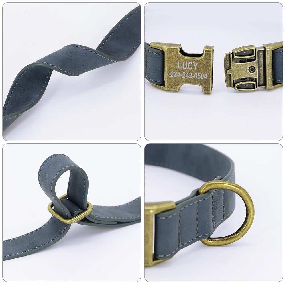 Personalized PU Leather Dog Collar – Custom Engraved Name ID, Adjustable Fit for All Dog Sizes