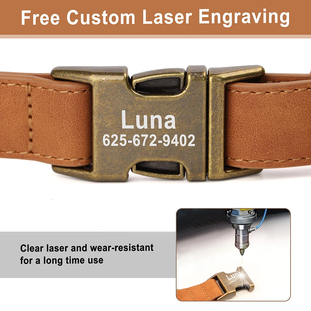 Personalized PU Leather Dog Collar – Custom Engraved Name ID, Adjustable Fit for All Dog Sizes