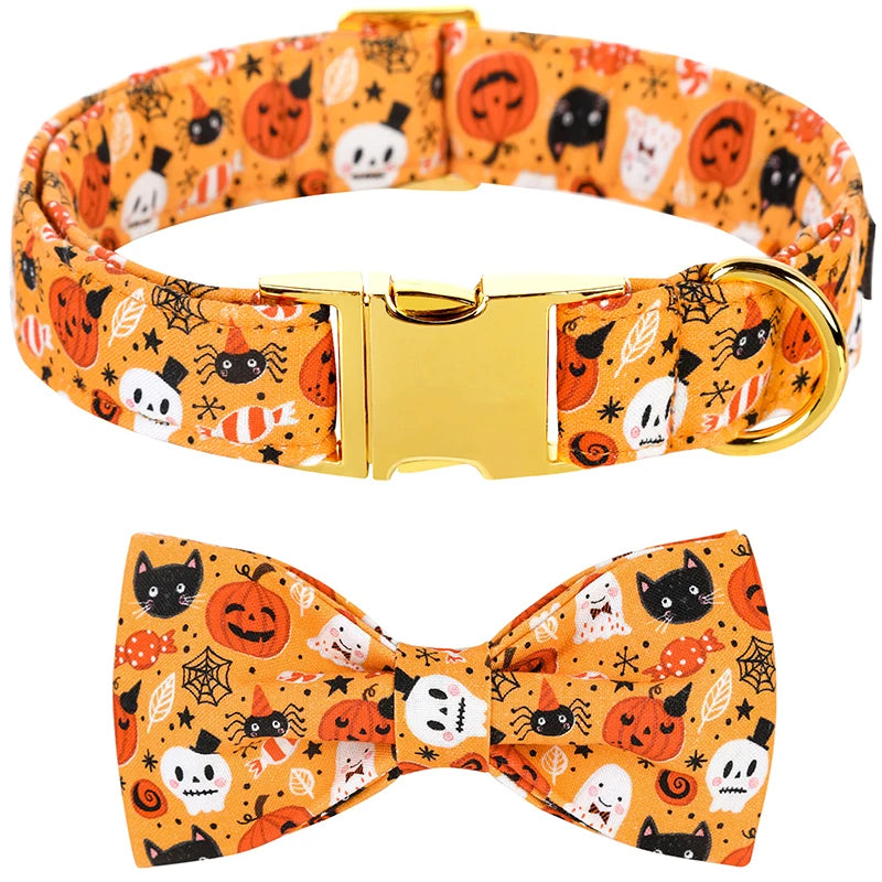 Personalized Halloween Dog Collar ID with Ghost Design Flower/Bowtie Large Medium Small Dogs