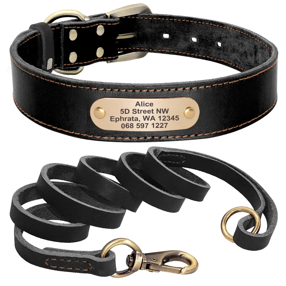 Custom Personalized Leather Dog Collar & Optional Leash with Nameplate For Small Medium Large Dogs