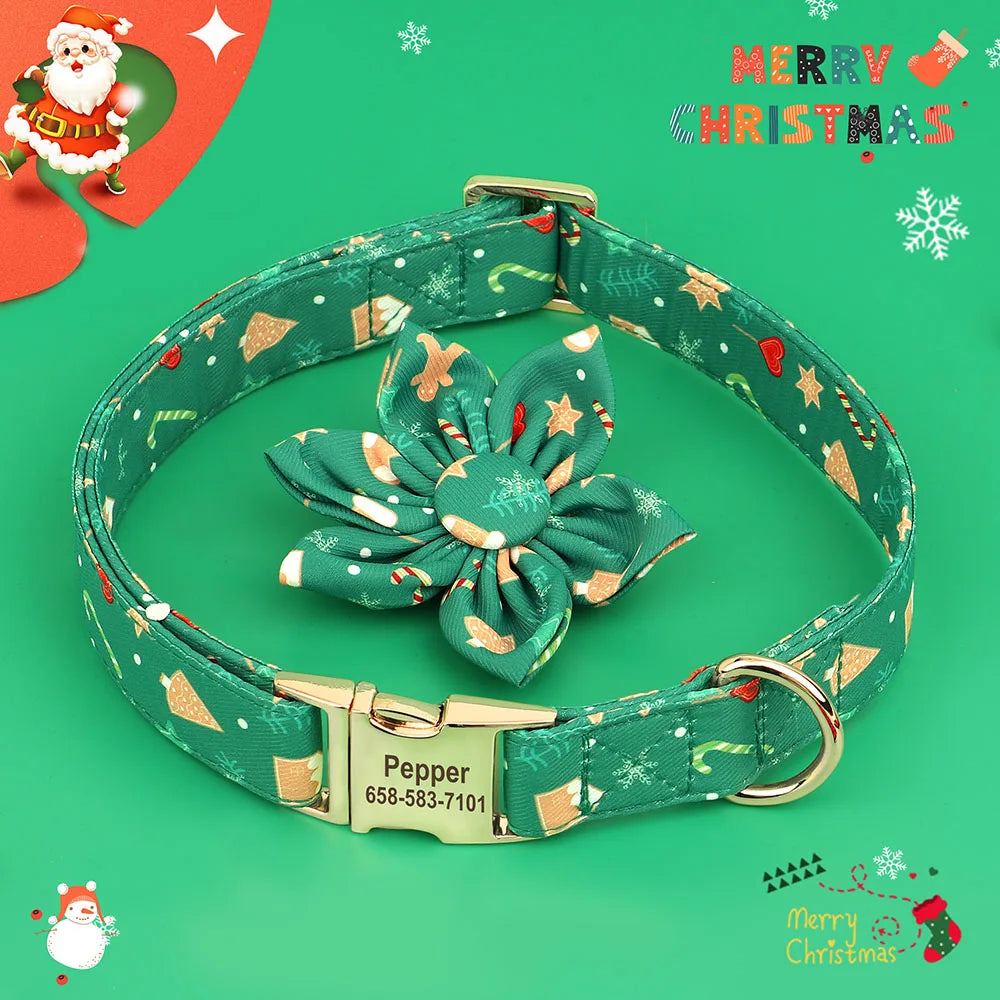 Furry and Festive: Personalized Christmas Print Flower ID Collars
