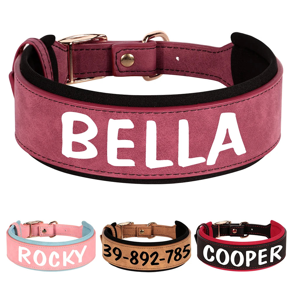 Personalized PU Leather Dog Collar | Wide Padded Pet ID Collars Free Print Dogs Name Collars for Small Medium Large Dogs