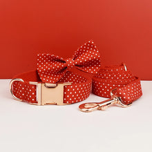 Red Fluttering Elegance: Personalized Dog Collar, Harness and Leash Set