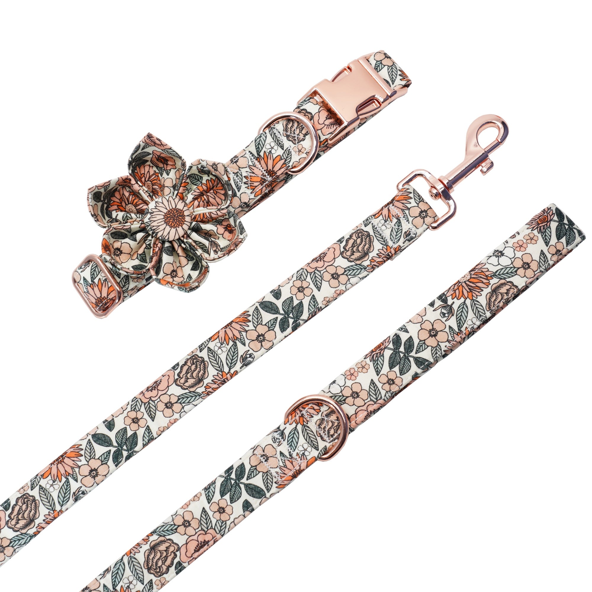 Boho Floral Set: Personalized Flower Collar/Bow collar, Harness, Leash, Poopbag, And Bandana.
