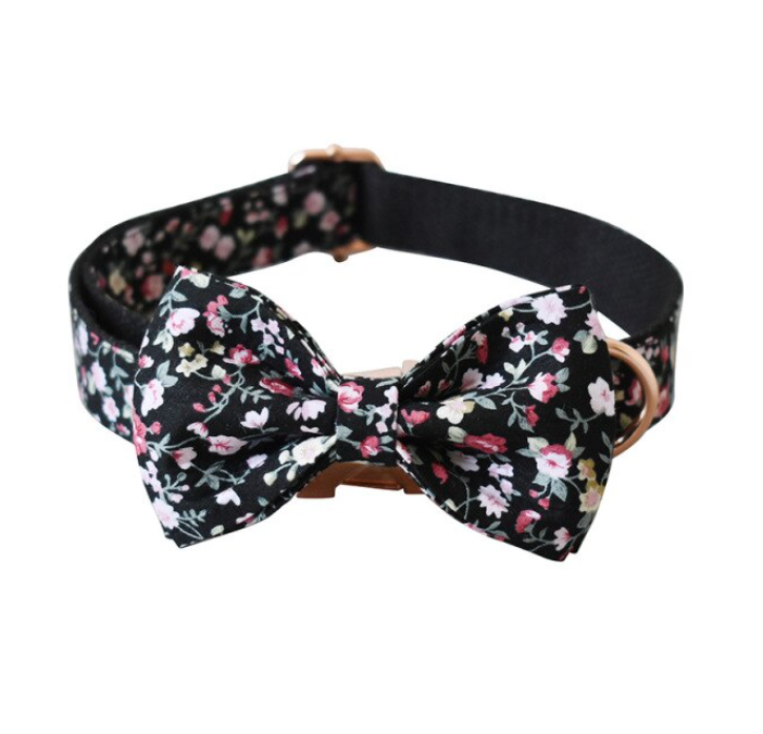 Black Floral Dog Bow Collar Leash Set | Personalized Dog ID Collar - CurliTail
