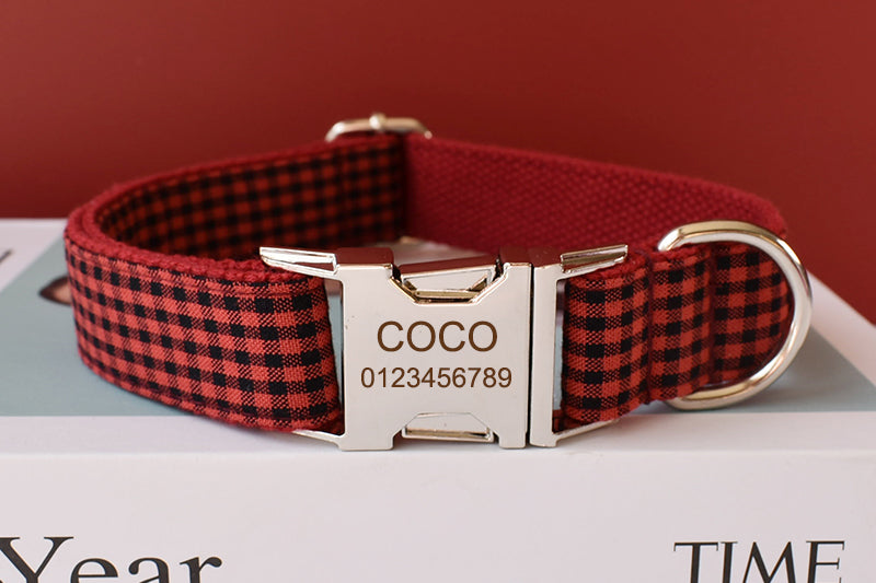 Red Shades Of Checks In Style:  Personalized Collar and Leash Set