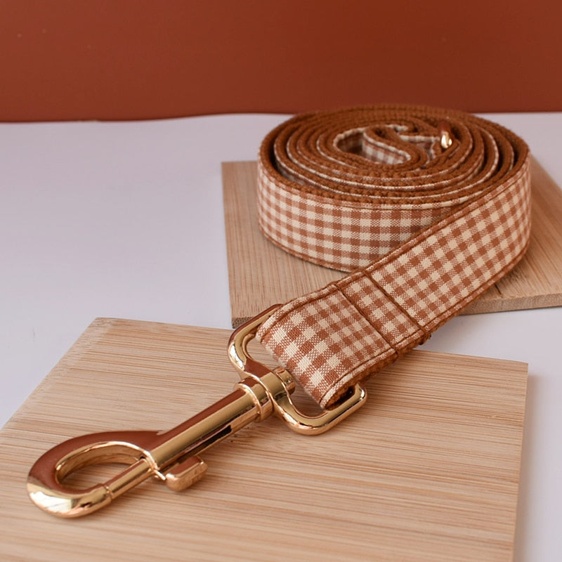 Brown And White Checks In Style:  Personalized Collar and Leash Set