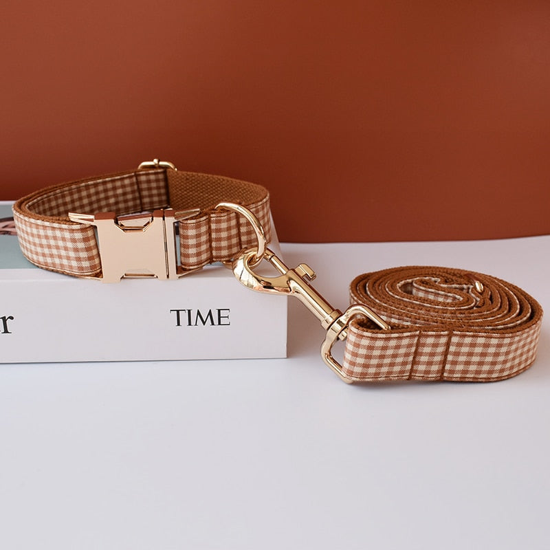 Brown And White Checks In Style:  Personalized Collar and Leash Set