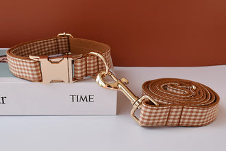 Brown And White Checks In Style:  Personalized Collar and Leash Set - CurliTail